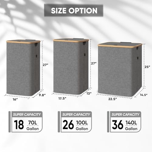 Laundry Hamper with Lid, Tall Laundry Baskets with Bamboo Pull 140 liters Grey