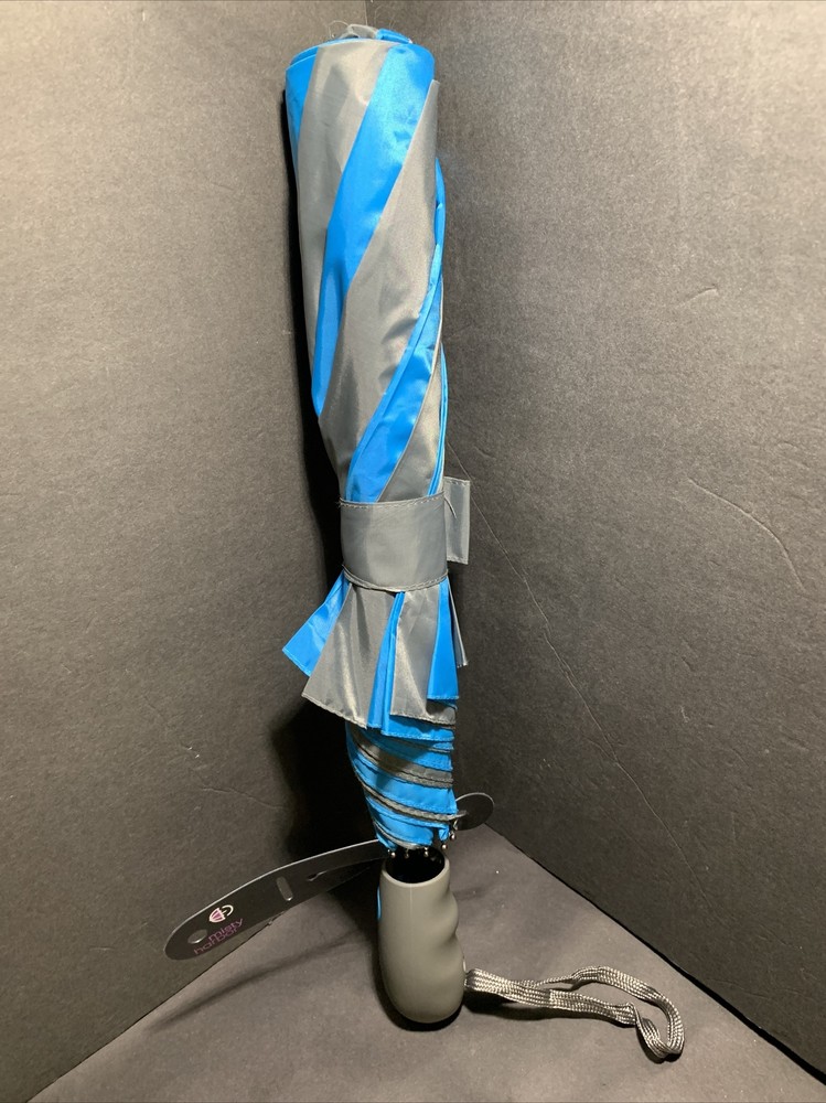 MISTY HARBOR AUTO OPEN BLUE GRAY STRIPED RUBBER HANDLE 41" CANOPY UMBRELLA
