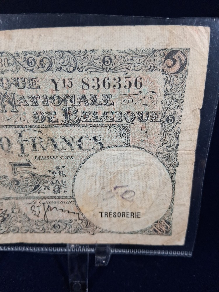 1938 BELGIUM 5 FRANCS BANKNOTE