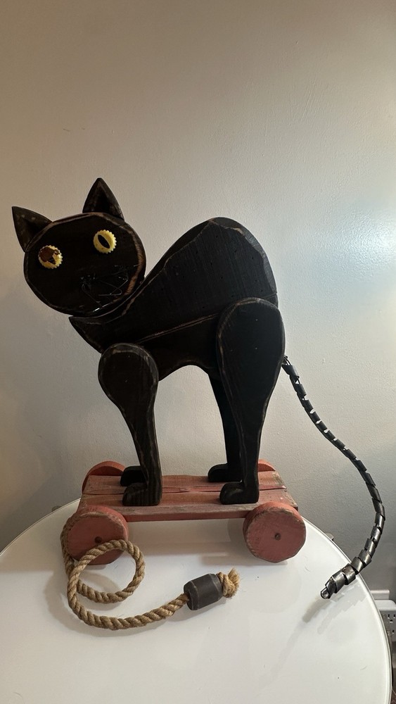 Vintage Folk Art Black Cat Pull Toy