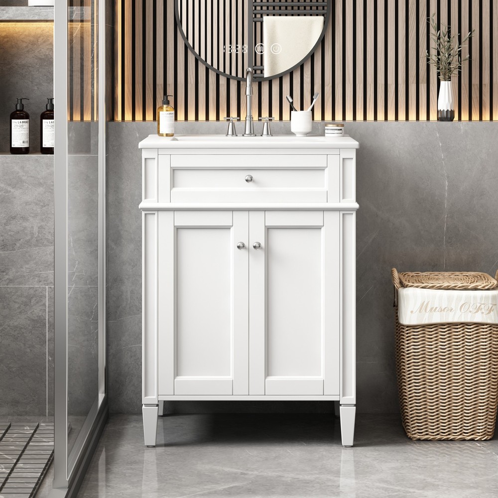 White 24" Bathroom Vanity Set with Ceramic Sink, 2 Soft-Closing Doors