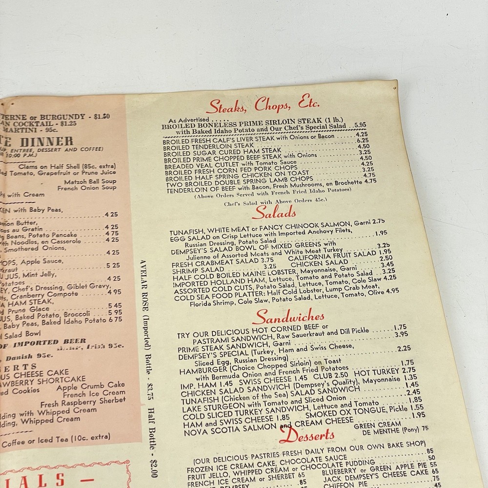 Jack Dempsey’s Restaurant Menu March 7 1971
