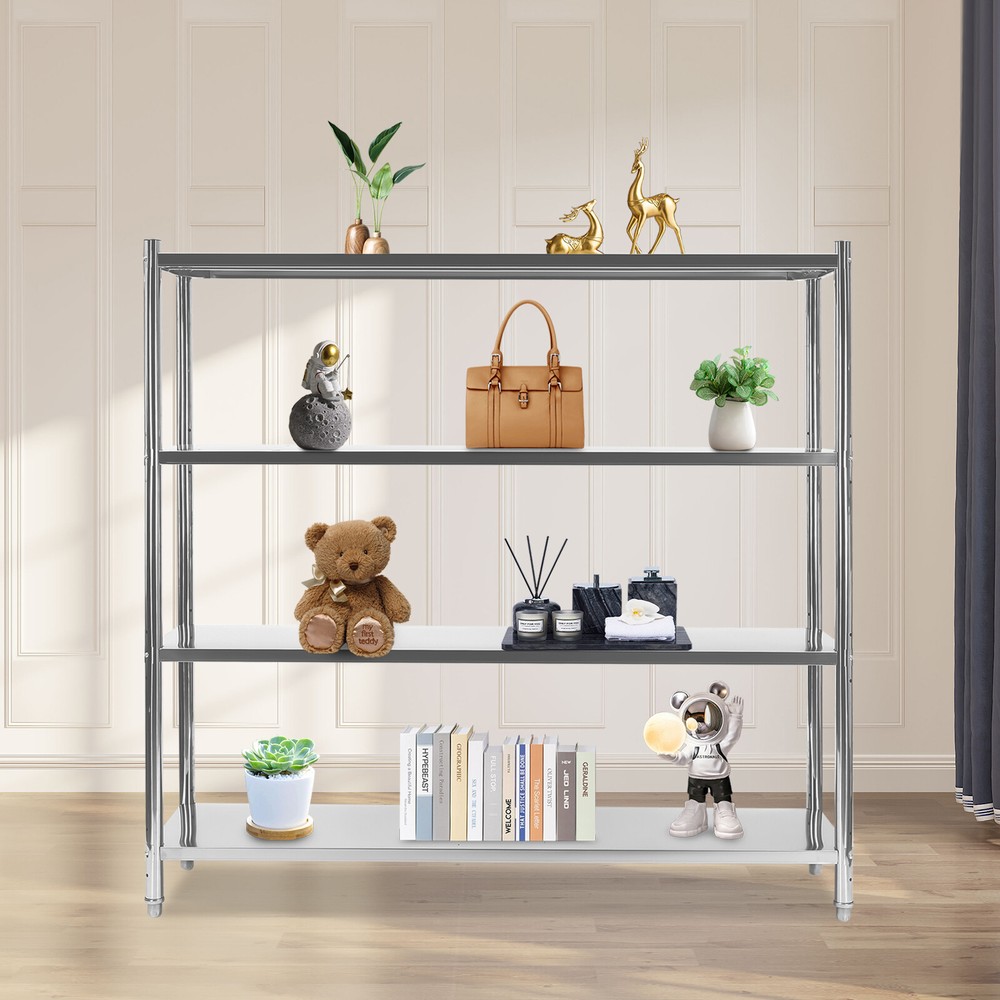 4 Tier Adjustable Shelf Storage, Stainless Steel Heavy Duty Shelving Silver
