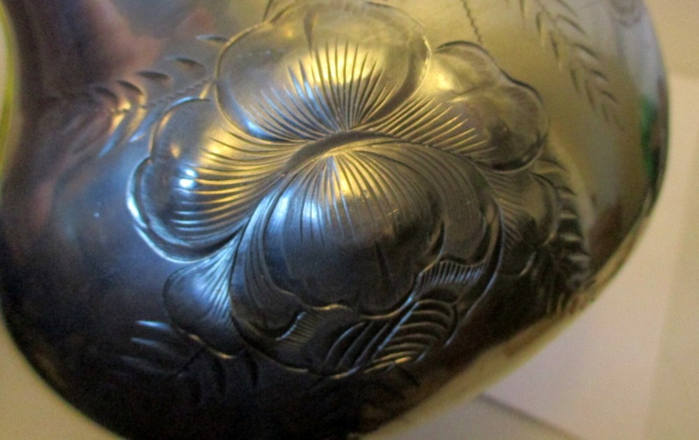 VTG SILVER PLATE PITCHER Jug CONN Repousse Embossed Flowers Fox Dragon Handle