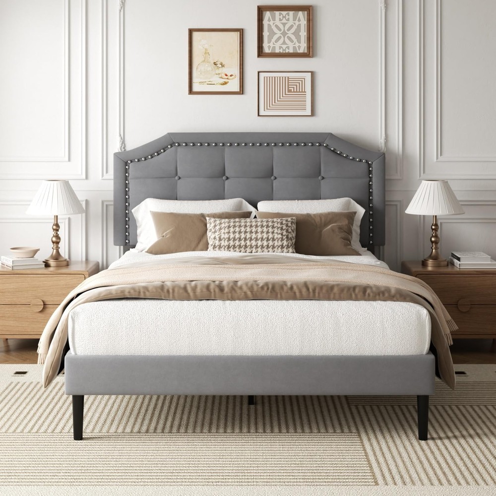 Full Size Bed Frame, Full Size Platform Bed Frame with Upholstered Button Tuf...