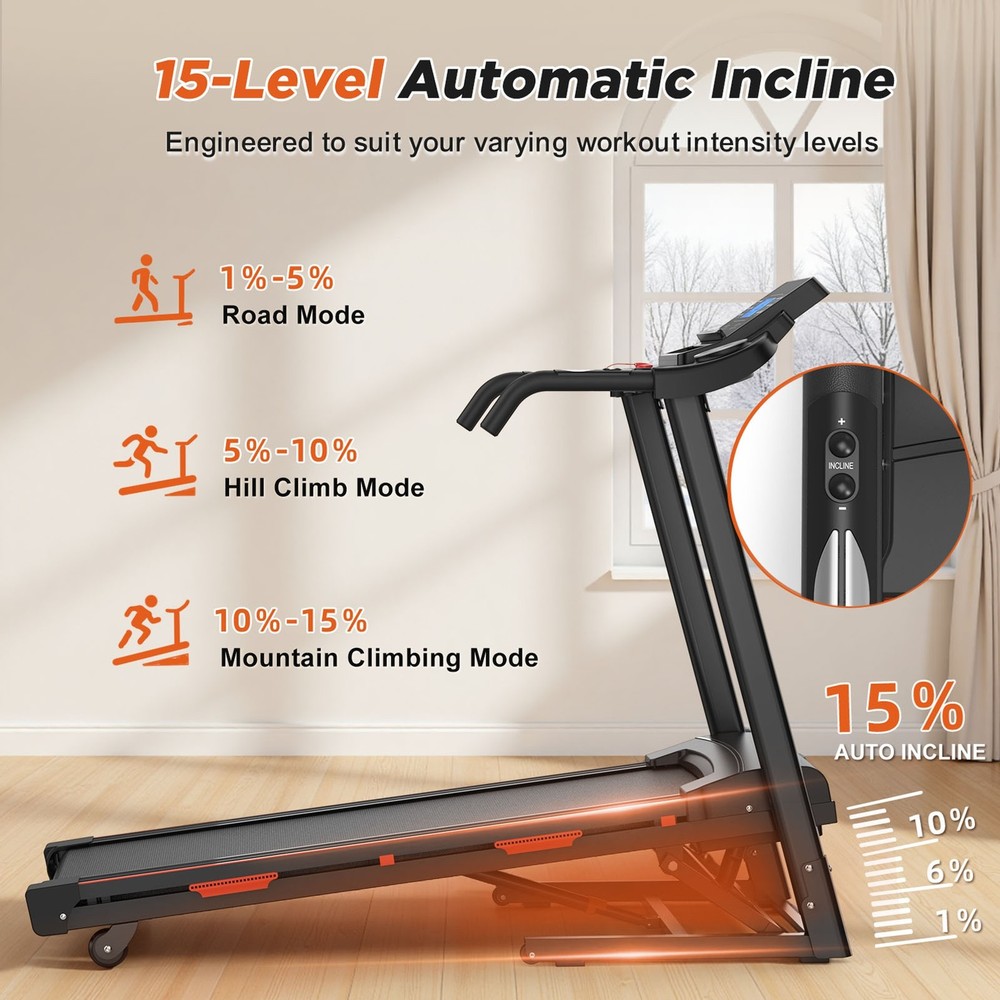 15% Auto Incline Treadmills 400LBS Heavy Duty Capacity 3.25HP Folding DOAD