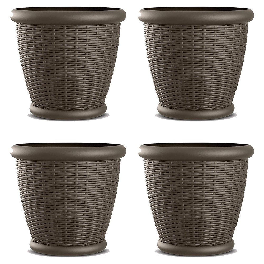 Suncast Willow 18" Diameter Decorative Wicker Patio Planter Pot, Java (4 Pack)