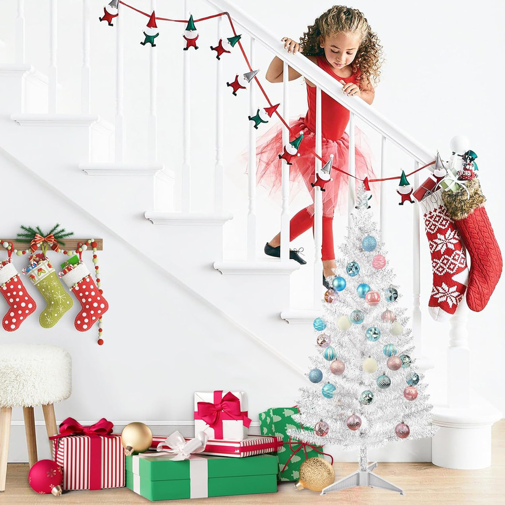4Ft Lighted Artificial Silvery Christmas Tree, Not Pre-Lit Silvery Tinsel Pine T