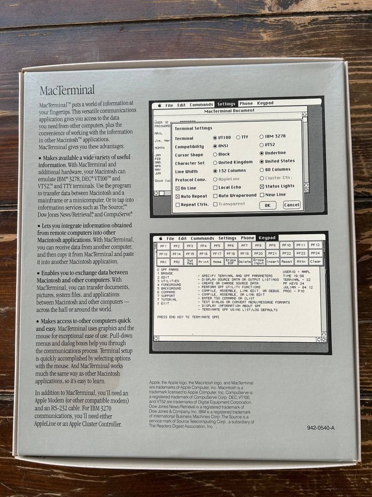 Macintosh MacTerminal M0521 Version 1.0. Vintage Apple software 1984 year