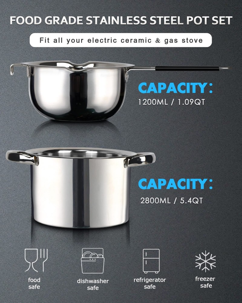 Double Boiler Pot Set,1200ML for 1200ml+2800ml, Silver