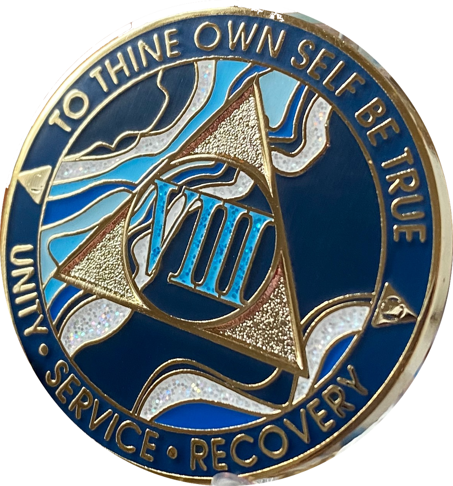 8 Year AA Medallion Elegant Marble Navy Blue Sobriety Chip