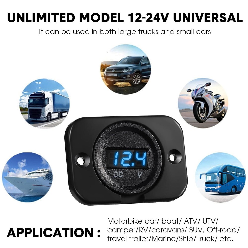 4 Pieces Blue Dc 12v 24v Voltage Meter LED Digital Waterproof Panel W/ Terminals