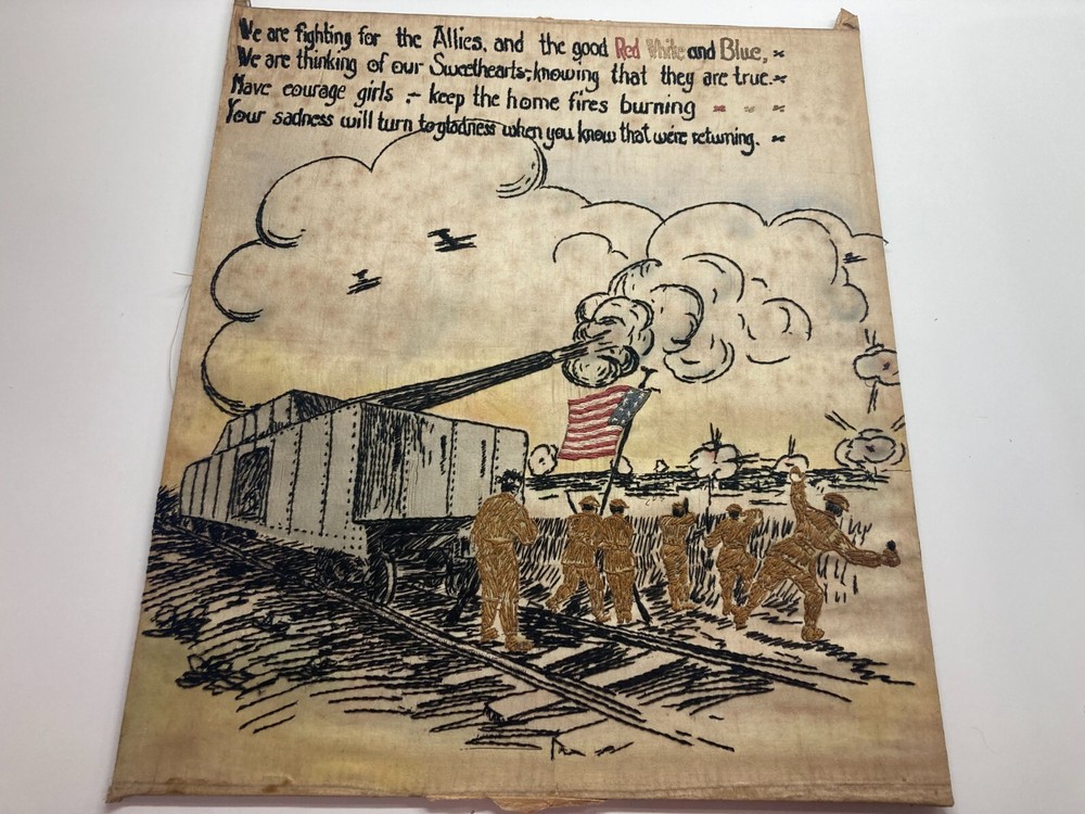 WWI Needlepoint Sampler Tank Soldier US flag home front poem mounted