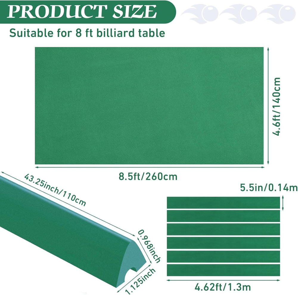Complete Pool Table Replacement Felt with 6 Strips & Rubber Bumpers - Green