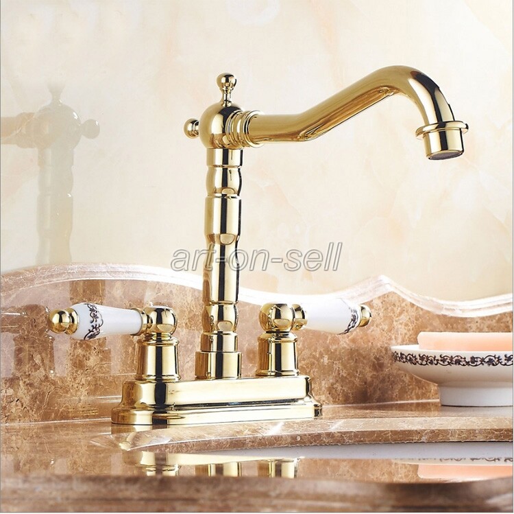 Gold Brass 4" Centerset Two Handle Swivel Kitchen Bathroom Basin Sink Faucet