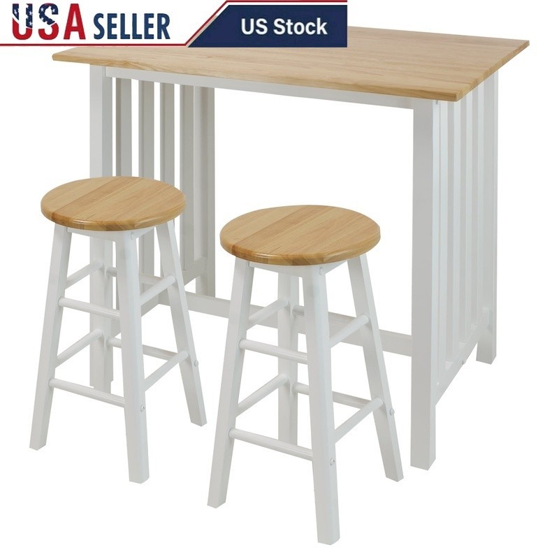 3 Piece Solid Wood Breakfast Cart Set W/ Pub Table & Stools Small Spaces New