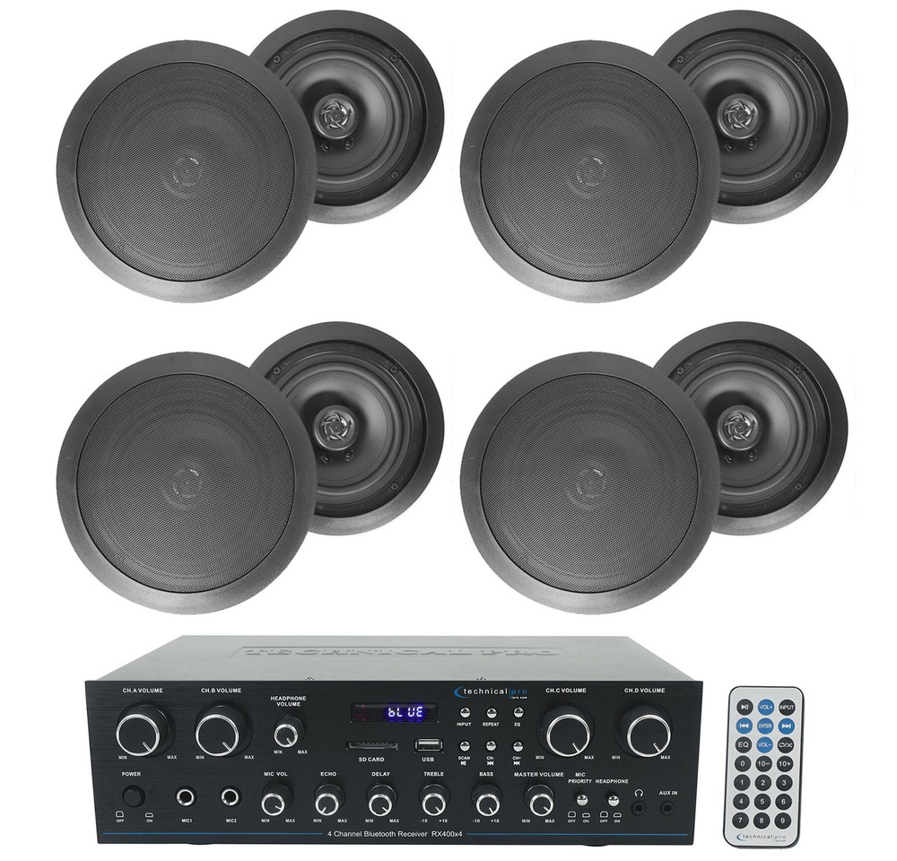 Technical Pro RX4CH Bluetooth Home Receiver Amp+(8) 6.5" Black Ceiling Speakers