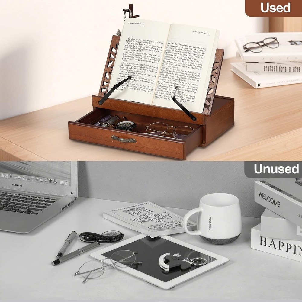 Adjustable Wooden Book Stand with Storage - Multi-Function Hands Free Brown
