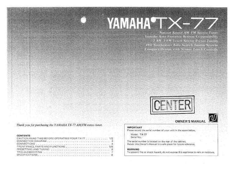 Yamaha TX-77 Tuner Owners Manual