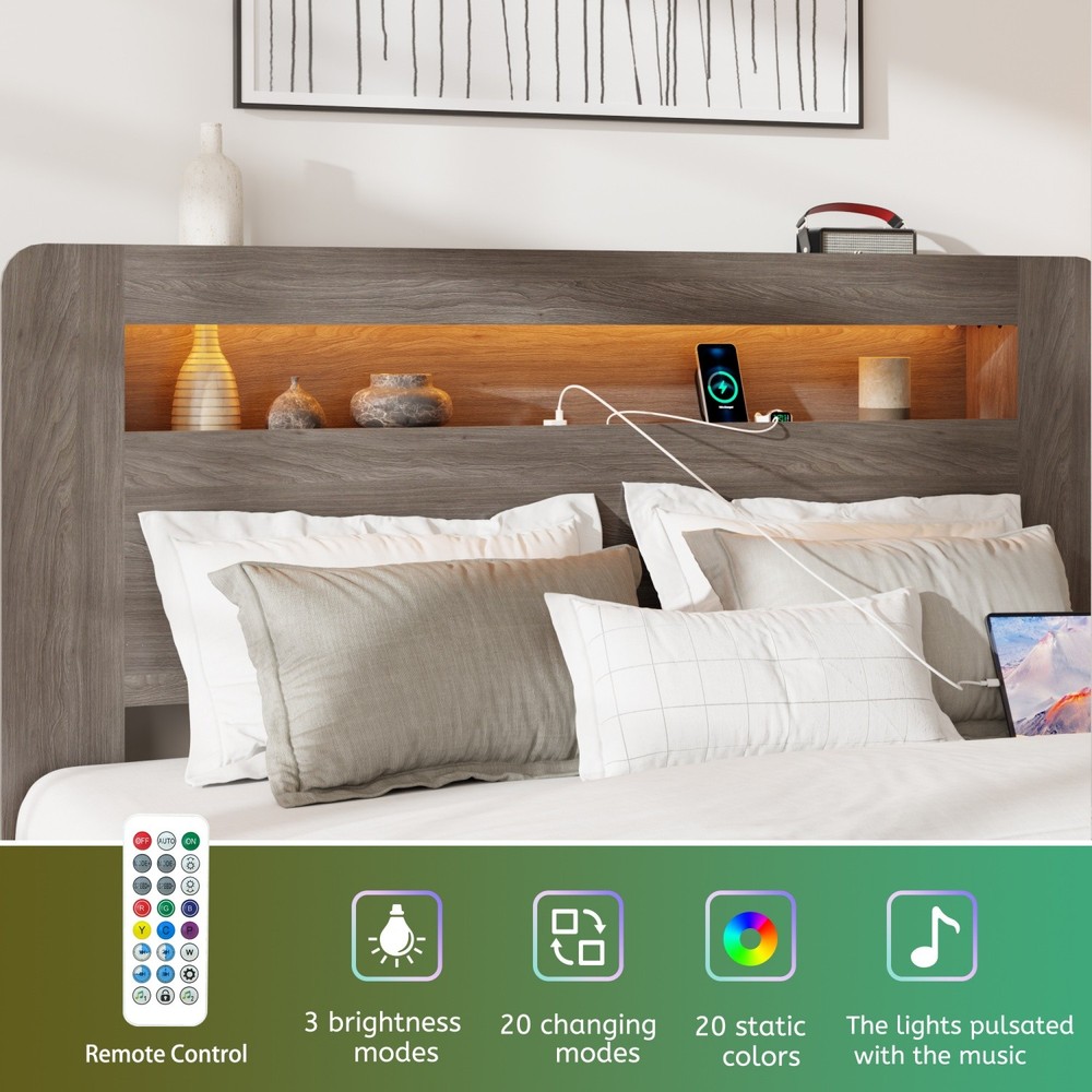 Queen/King Size Bed Frame Wood Platform Bed with Storage LED Light Headboard