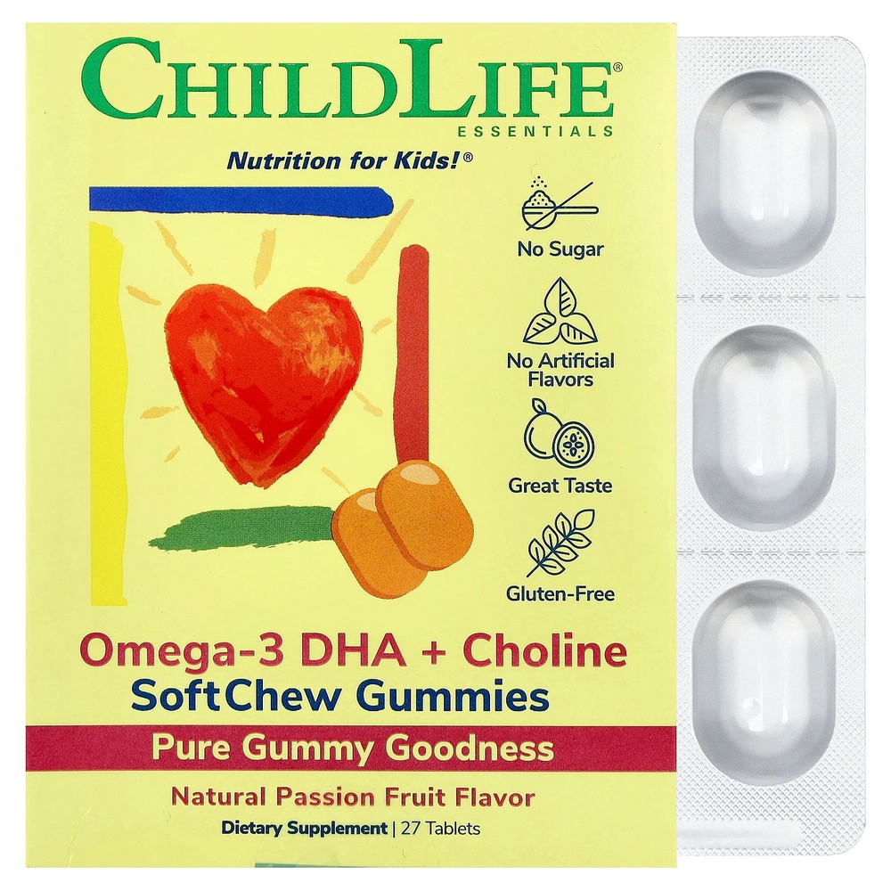 Essentials, Omega-3 DHA + Choline, SoftChew Gummies, Passion Fruit, 27 Tablets
