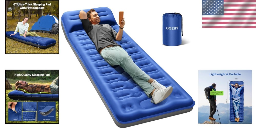 6" Extra-Thick Self-Inflating Camping Sleeping Pad with Pillows & Pump - Blue
