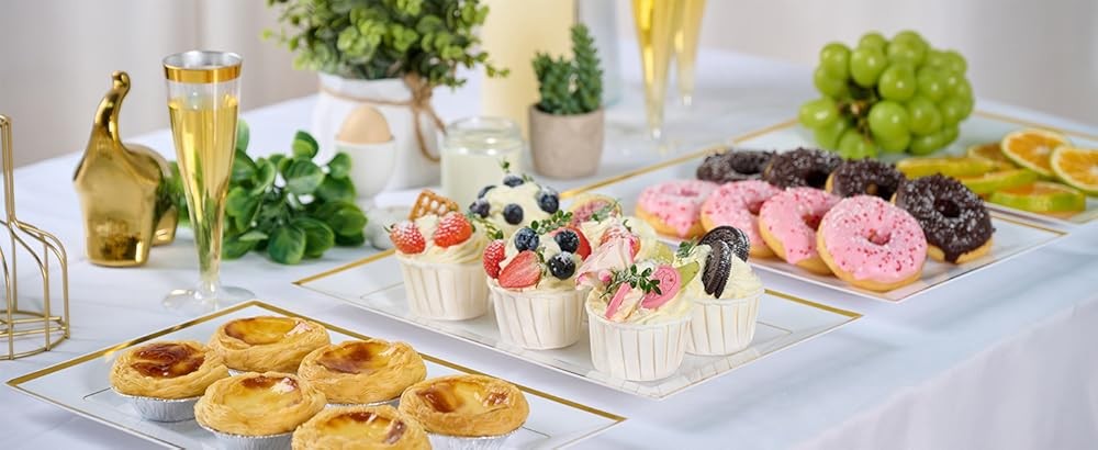 Plastic Serving Trays, White and Gold Rim Plastic Serving