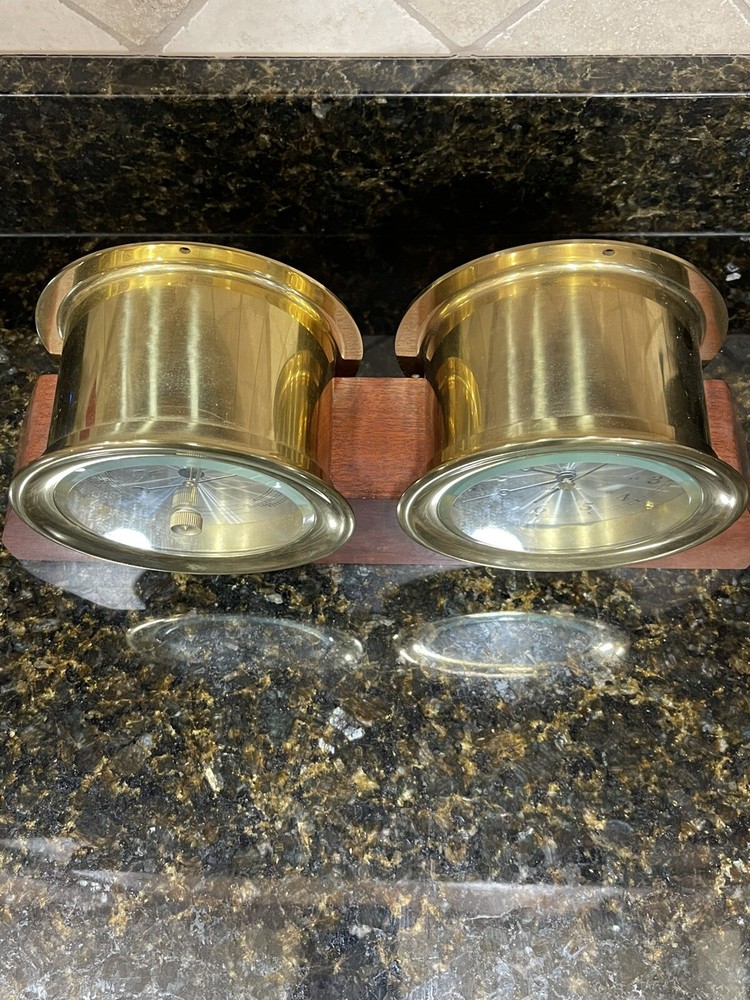 Hampton Ship Clock And Barometer Set On Wooden Base Working No Chime