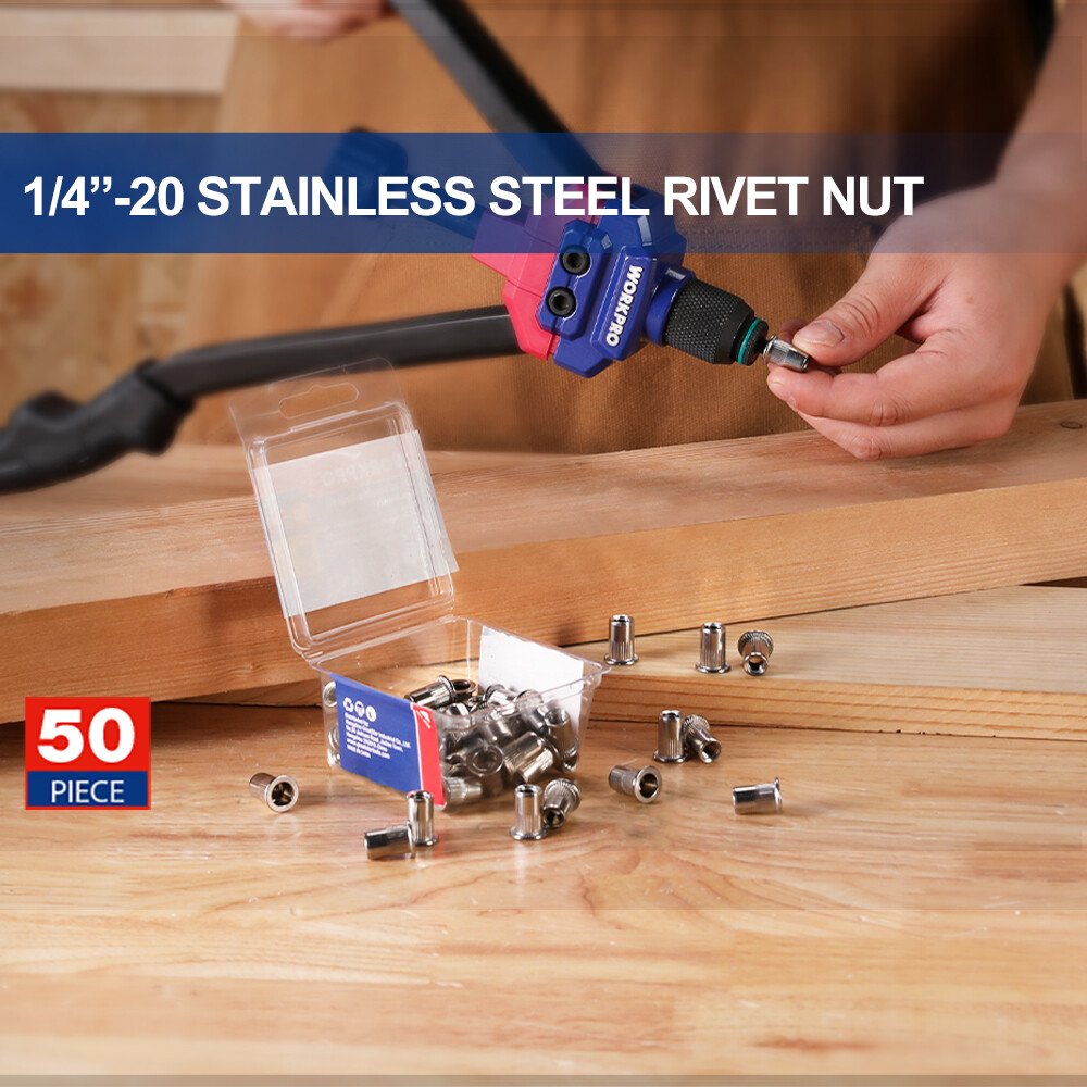 WORKPRO 50PC Rivet Nuts 1/4"-20 Flat Head Threaded Insert Stainless Steel Rivnut