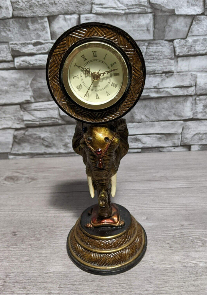 10" Elephant Bust Table Desk Mantel Clock Figurine Statue Decor