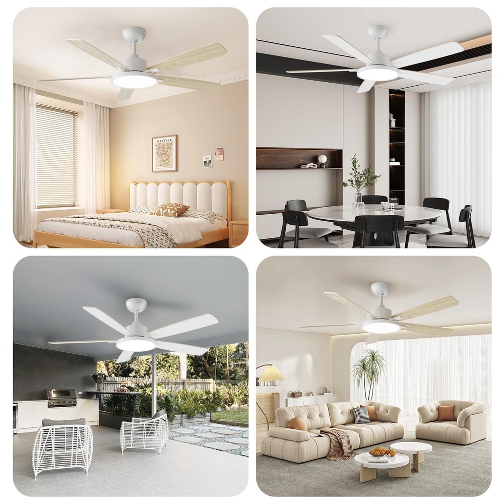 52 Inch White Ceiling Fans with Lights Led Remote Control Flush Mount Low Pro...