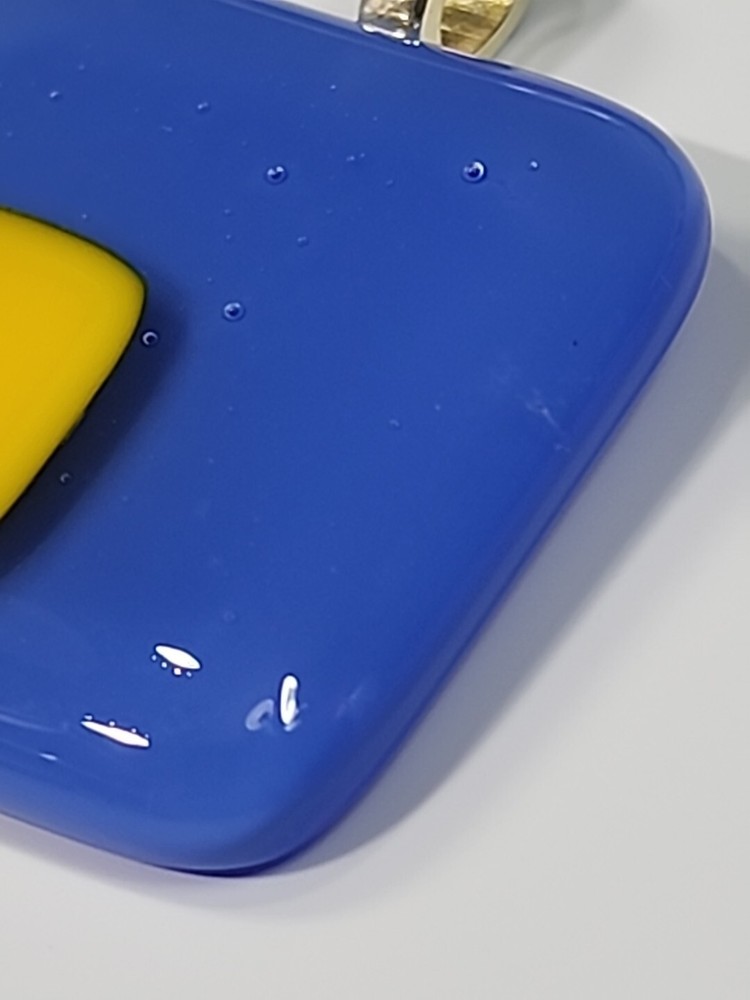Art Glass Pendant Blue & Yellow Square Shape 1.75"