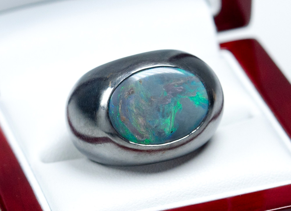 925 Silver - Massive Vintage Designer Ring - Black Boulder Opal