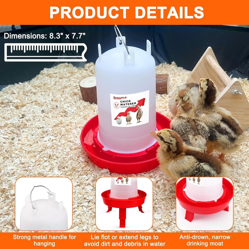 Adjustable Height Chick Feeder & Waterer Set - Space-Saving Anti-Drown Features