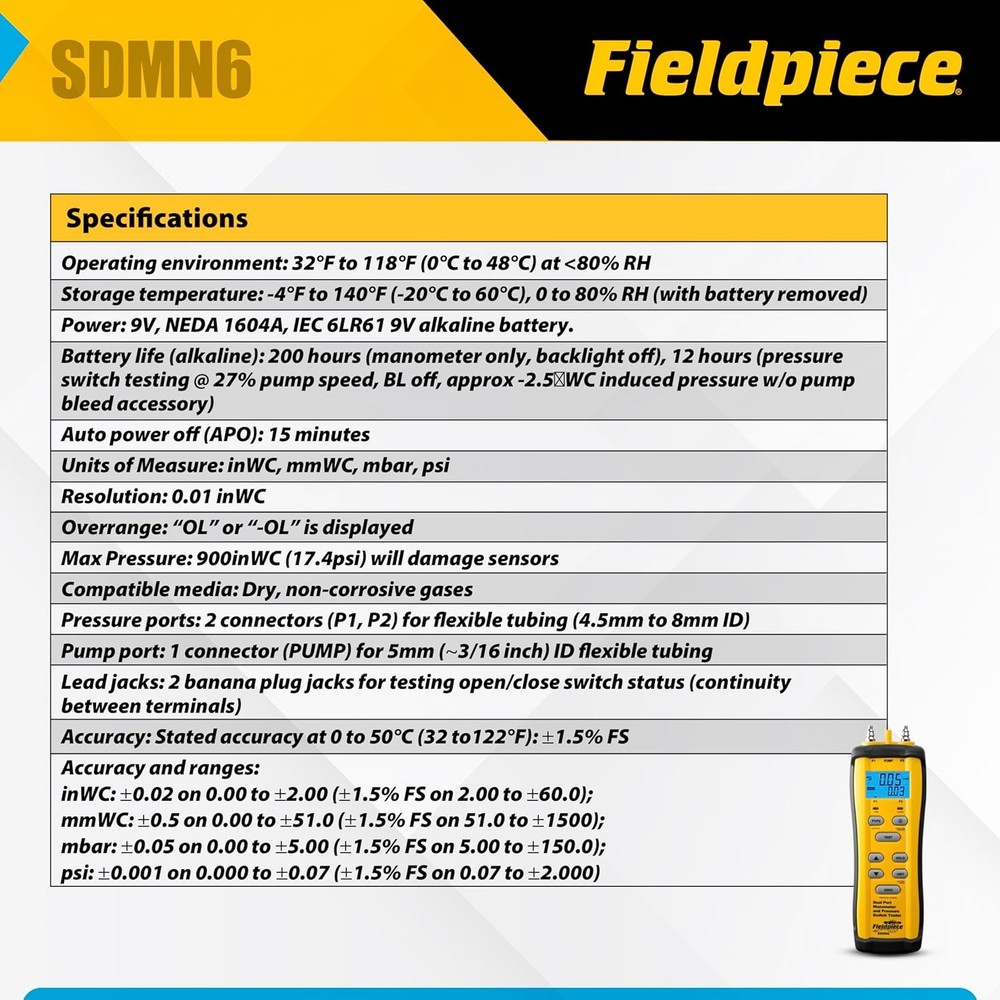 Fieldpiece SDMN6 Combustion Pressure Switch Tester
