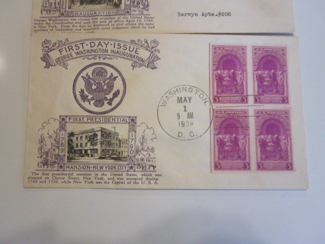 2 DIFF US COVER WASHINGTON INAUGURATION FDC & NEXT DAY SCOTT 854 CROSBY CACHETS