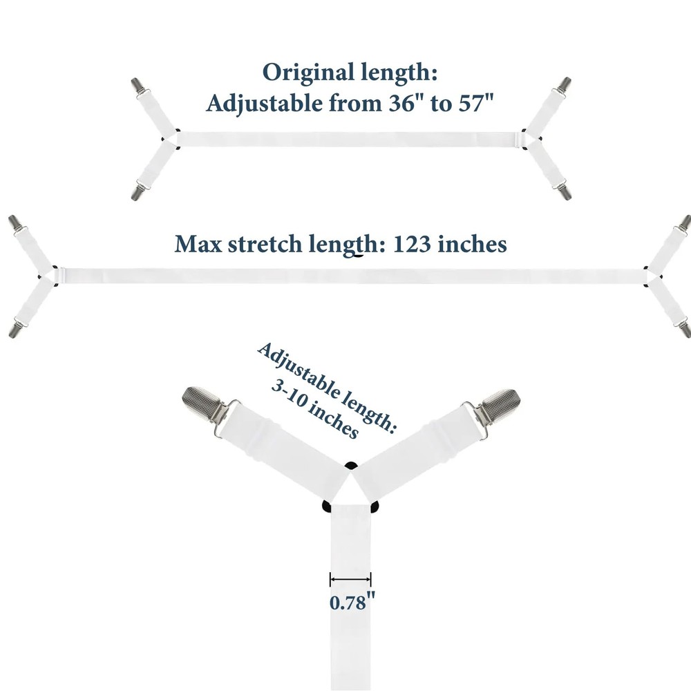 Sheet Straps for Bed, Durable Adjustable Fasteners, Metal Clips, 2PCS, White