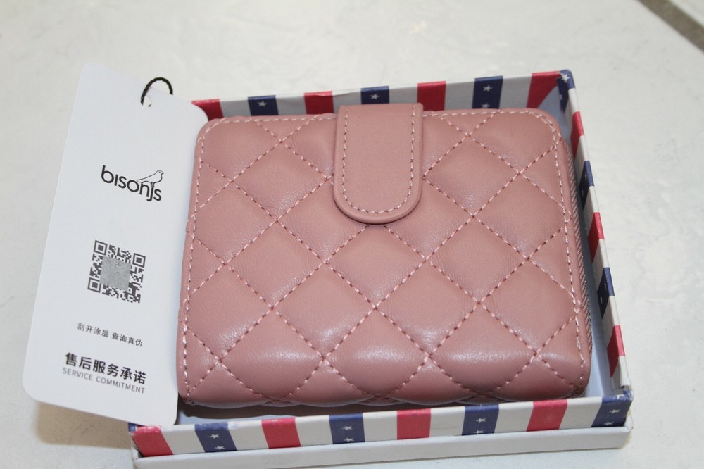 BISON DENIM Leather Wallet Womens Zip Around Light Pink Quilted Pattern
