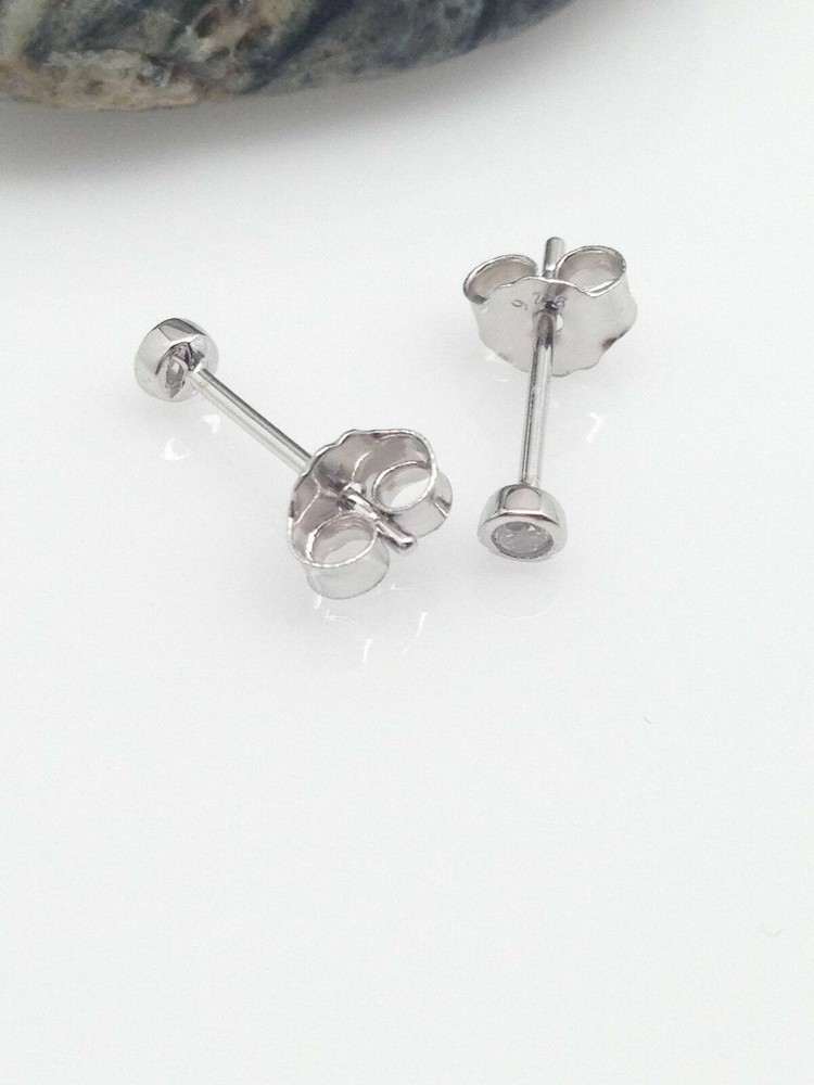 Silver Plated Tiny Bezel Cz Solitaire Stud Earrings 2mm Lab-Created