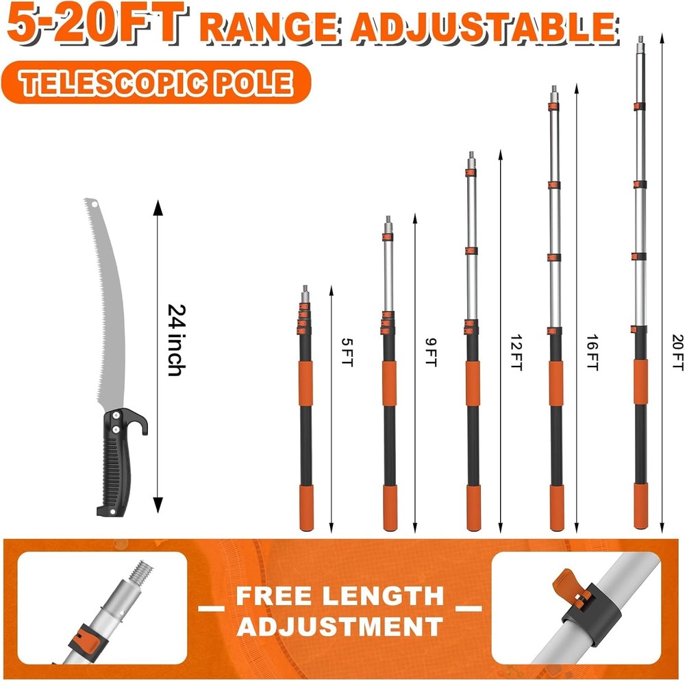 26FT Reach Pole Saw for Tree Trimming, Telescoping Tree Pruner Extendable with 5