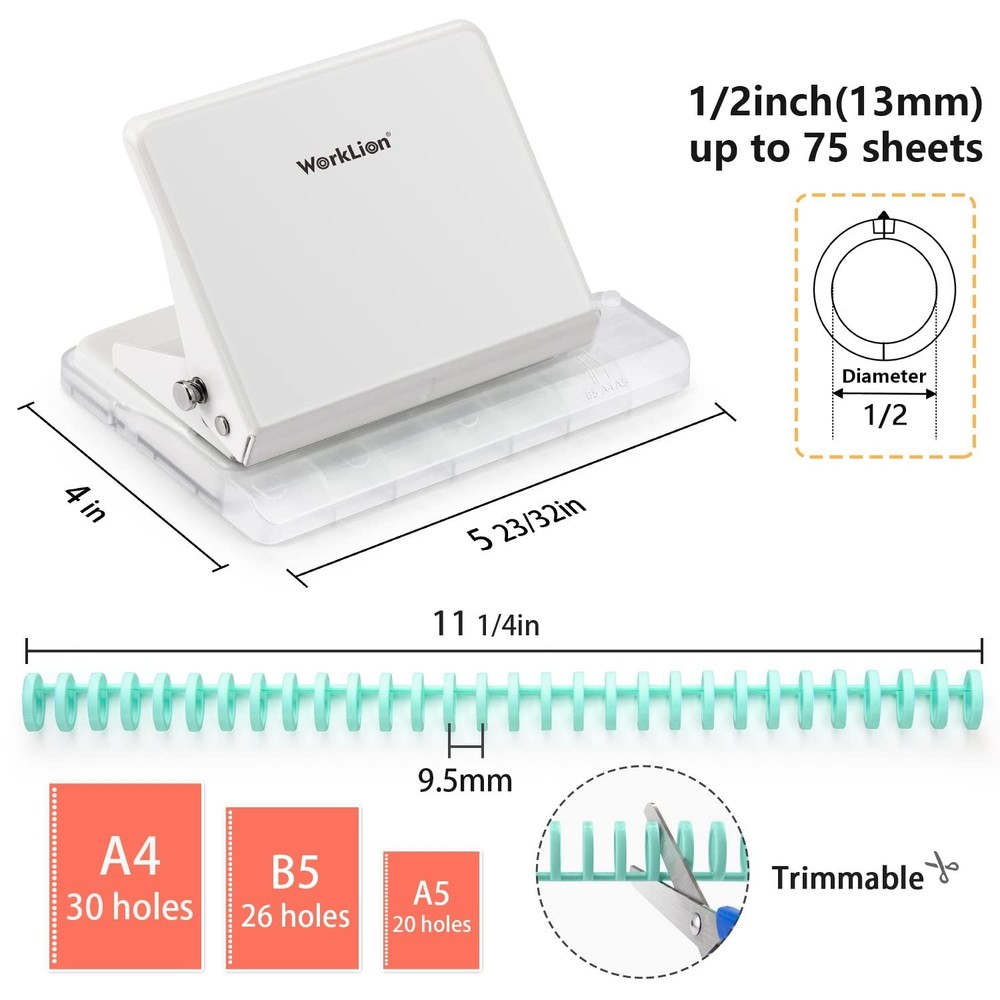 Versatile 10-Hole Punch Binding Machine with Multi-Color Loose Leaf Rings