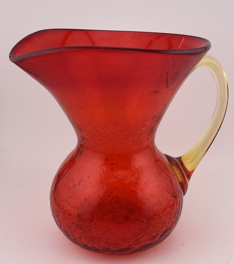 6" Amberina / Tangerine Crackle Glass Pitcher; applied handle; SEE DESCRIPTION