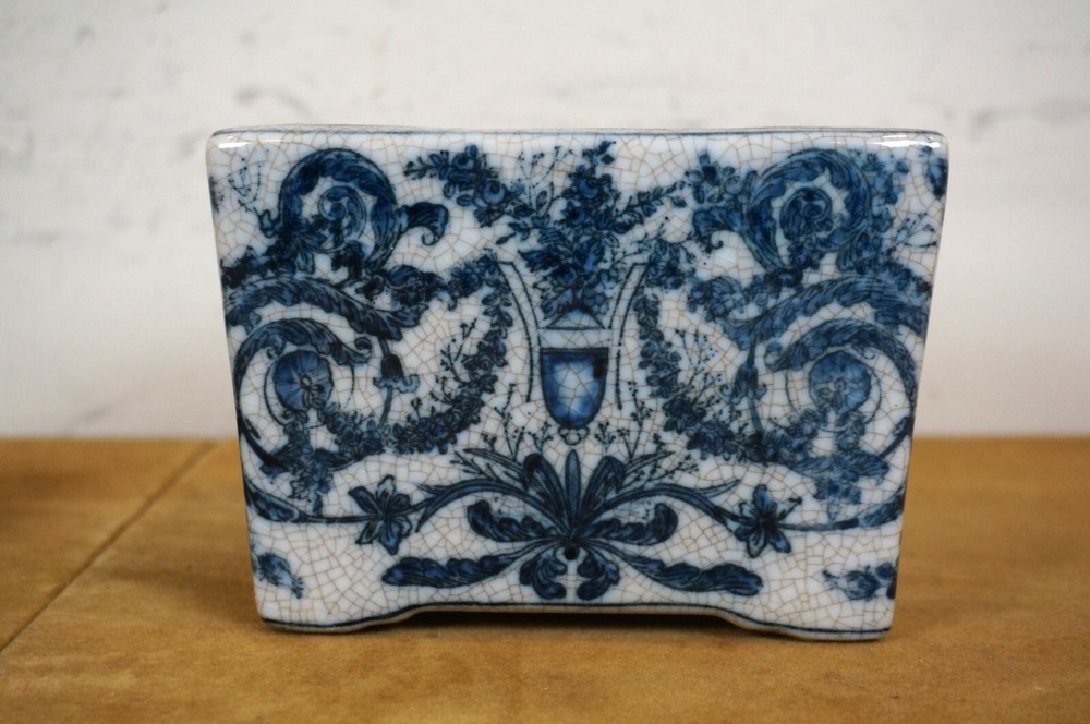 United Wilson Blue & White Rectangular Planter & Underplate Cache Pot Vase 6"