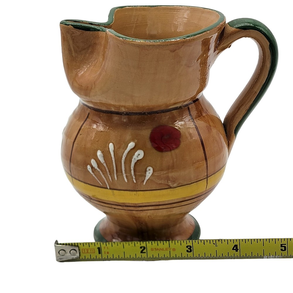 5" Brown Pottery Handled Pitcher Vase Handpainted Unsigned