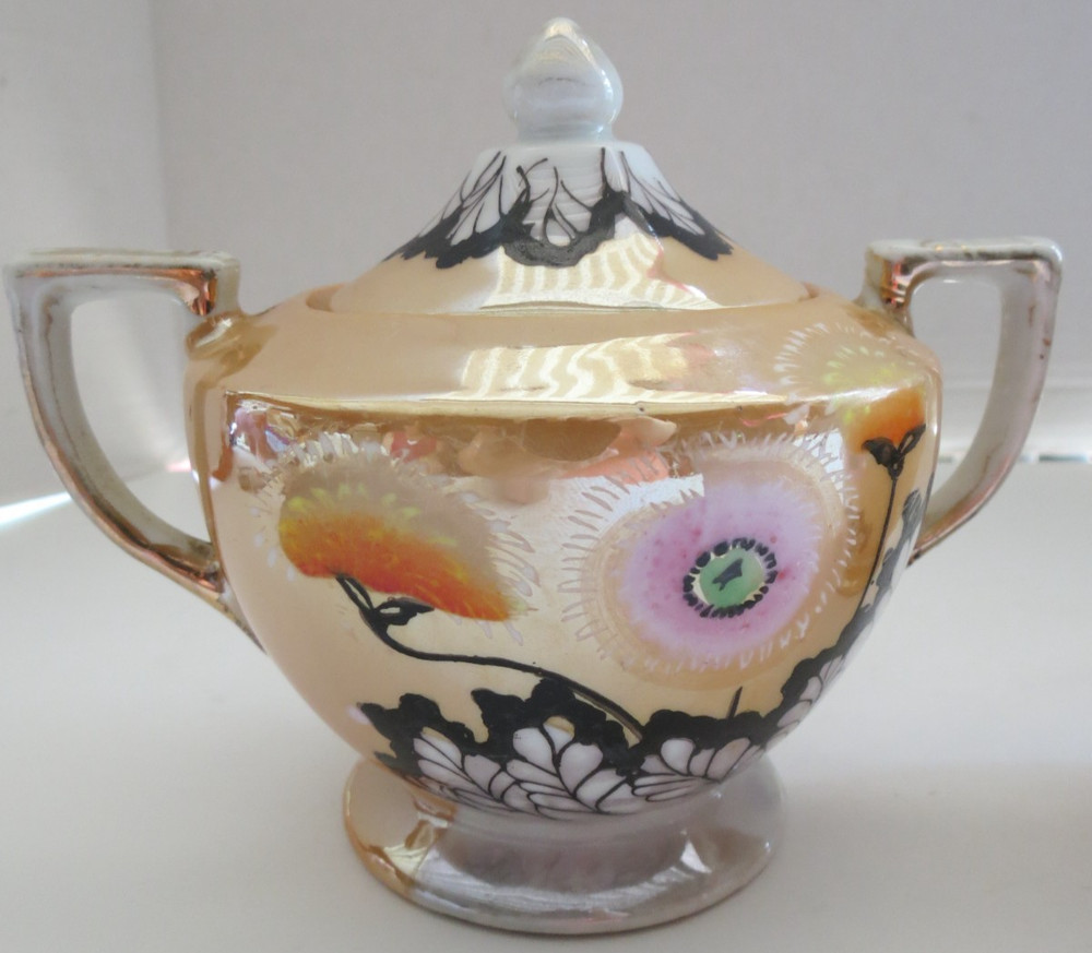 Orange Lusterware Double Handle Sugar Bowl & Creamer Set Hand Painted