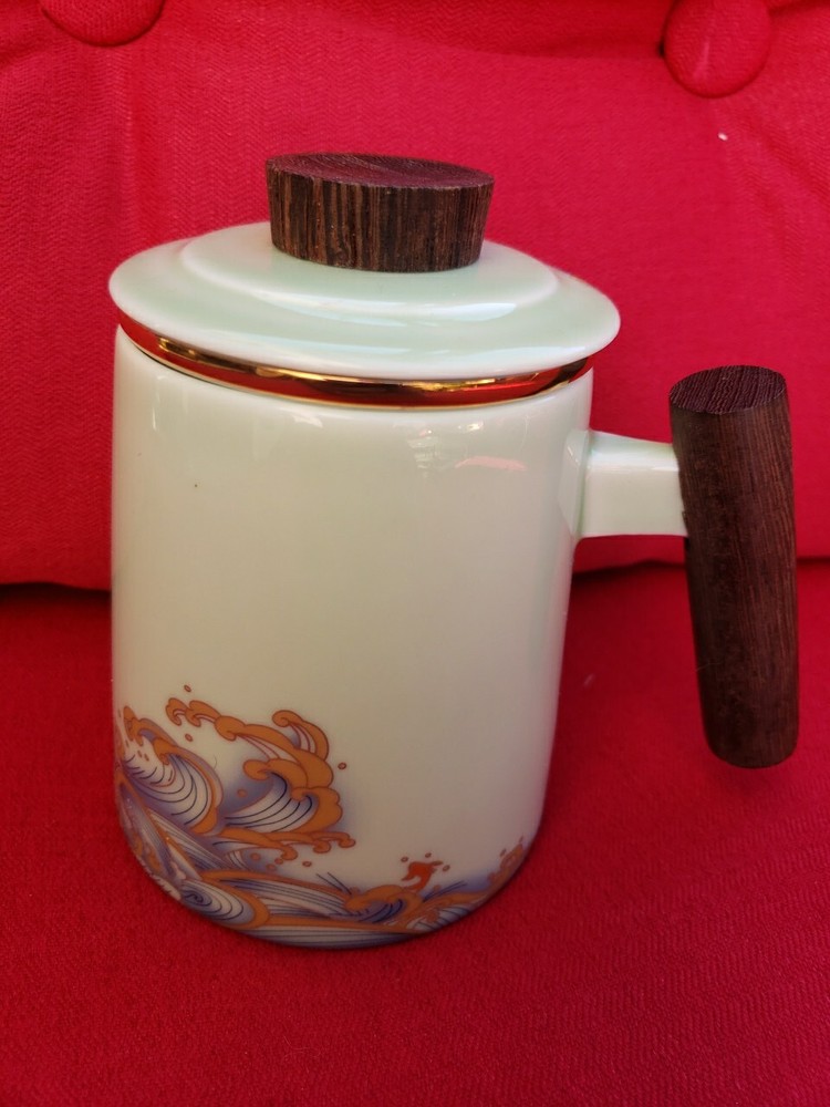 Tea Cup with Infuser and Lid,Ceramic Tea Infuser Mug Solid Wooden Handle,15.2 oz