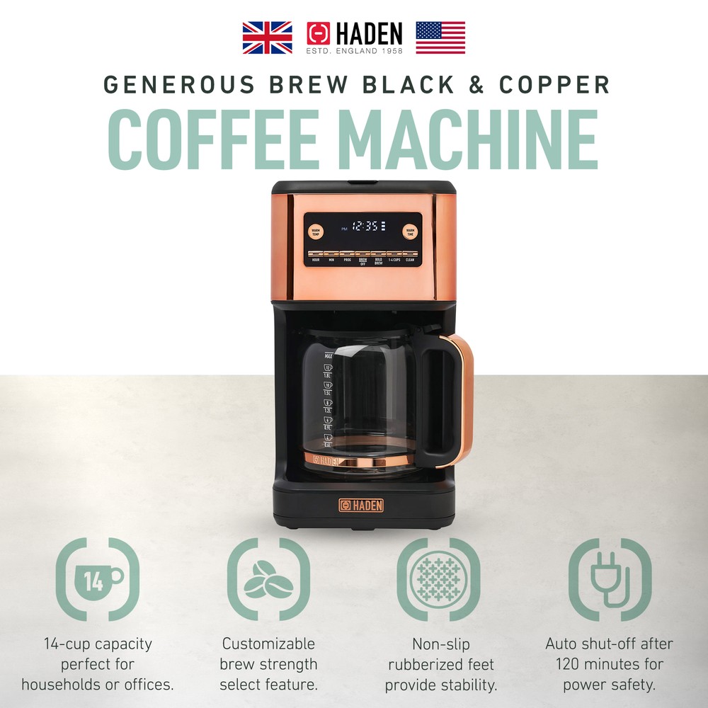 Haden Generous Brew 14 Cup Programmable Digital Coffee Maker Pot, Black/Copper