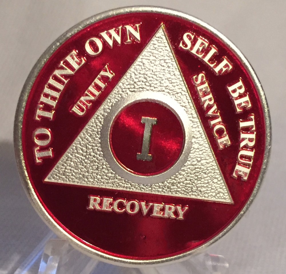Red Silver Plated Twenty Five Year AA Chip Alcoholics Anonymous Medallion 25
