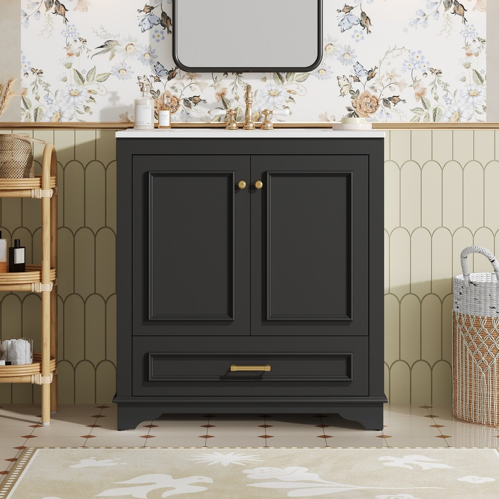 30" Luxurious Bathroom Vanity w/Ceramic Sink,  Solid Wood Frame Storage Cabinet