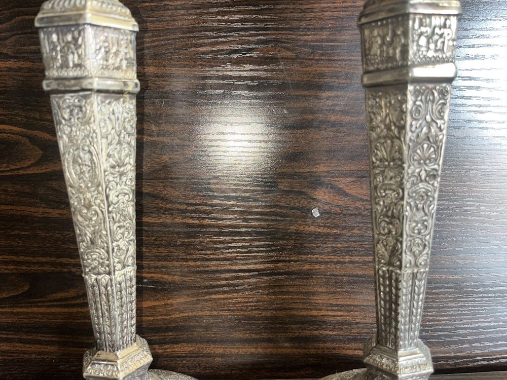 Pair 19th C. Derby Silver Plate 11.75" Candlesticks, Embossed Decoration, #2547